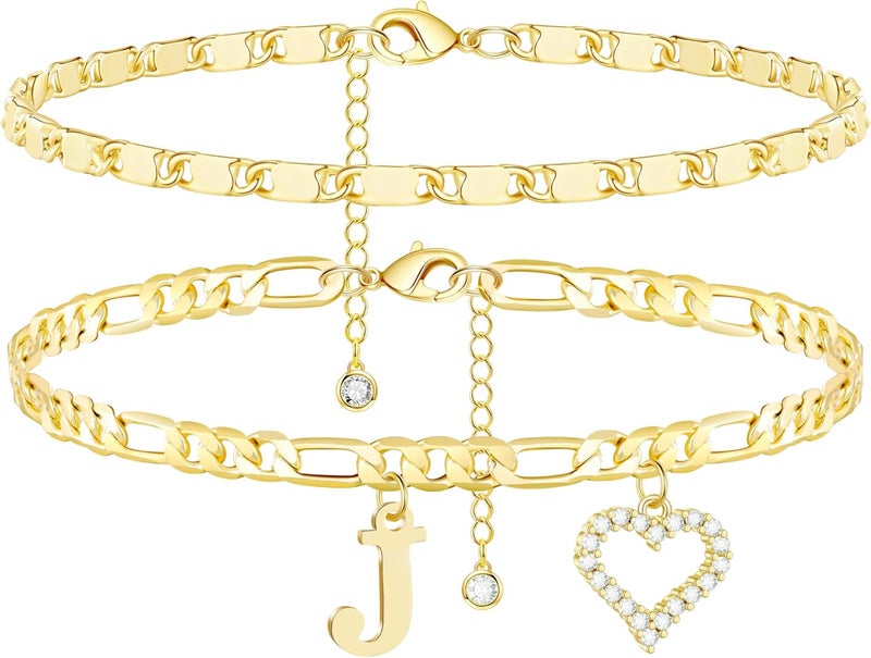 Wremily Initial Ankle Bracelets for Women Waterproof 14K Gold Plated Dainty Layered Figaro Chain Letter Initial CZ Heart Ankle Bracelets Set Summer Beach Jewelry for Women - Image 1